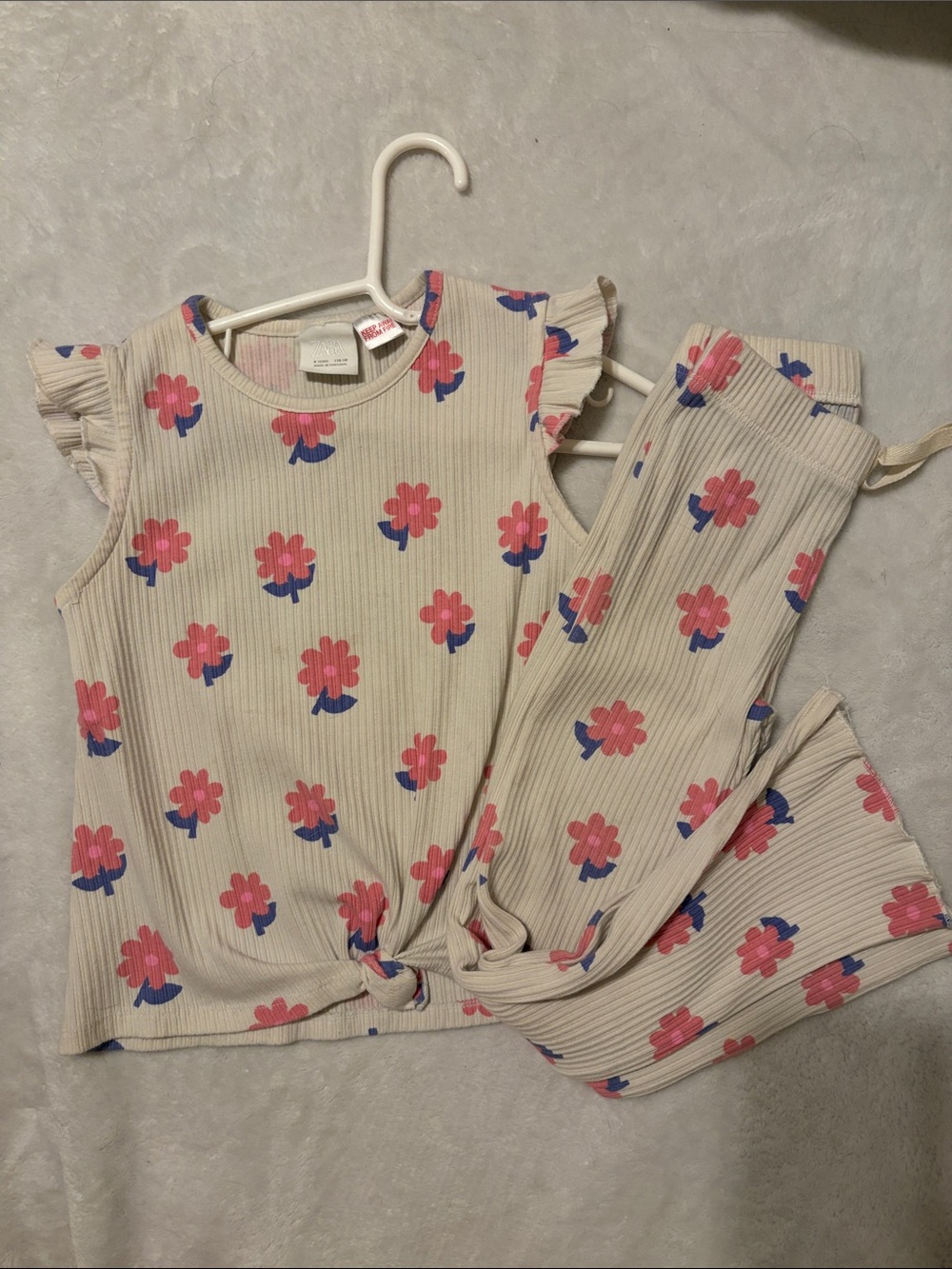 Cream Ribbed Floral Two-Piece Set with Pink & Blue Flowers
